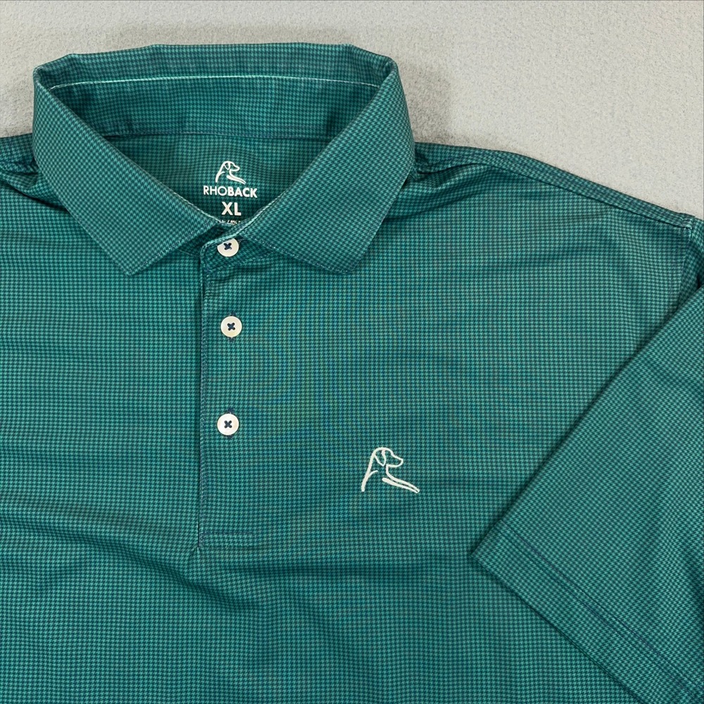 Rhoback Mens XL Performance Polo Shirt Green Houndstooth Short Sleeve Golf Tee
